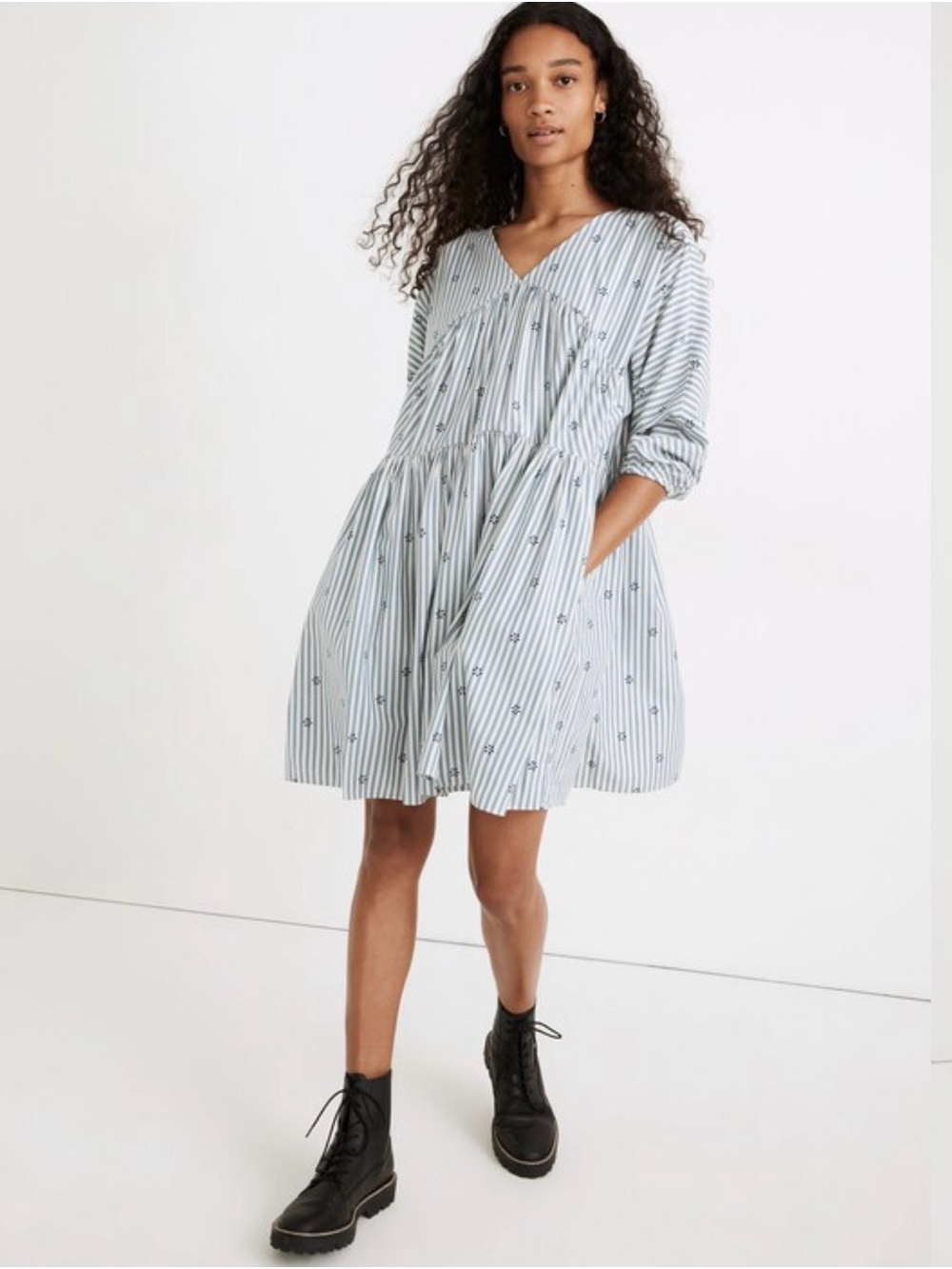 Madewell Striped V-Neck Tiered Mini Dressi